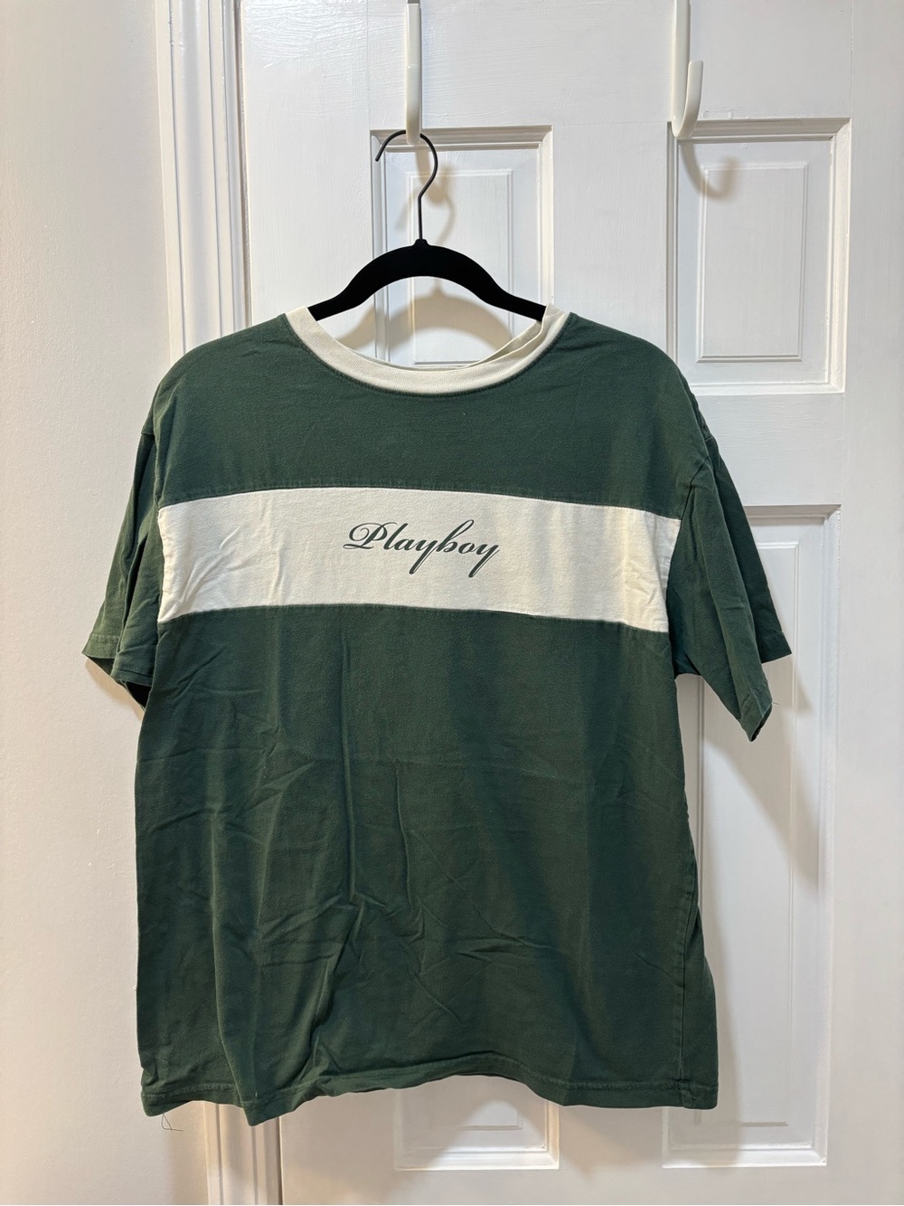 PLAYBOY Green and Cream Horizontal Stripe Crewneck Tee